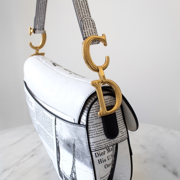 Rare Christian Dior 2024 Newspaper Print White Black Calfskin Saddle Bag - Picture 7 of 16